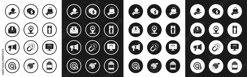Set Hand and paper shopping bag, Map pointer with star, Envelope coin dollar, Money on hand, Smartphone, mobile phone, Speech bubble, Online concept and Megaphone icon. Vector Set Hand and paper shopping bag, Map pointer with star, Envelope coin dollar, Money on hand, Smartphone, mobile phone, Speech bubble, Online concept and Megaphone icon. Vector