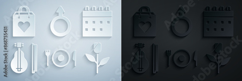 Set Plate, fork and knife, Calendar, Violin, Flower rose, Male gender symbol and Shopping bag with heart icon. Vector