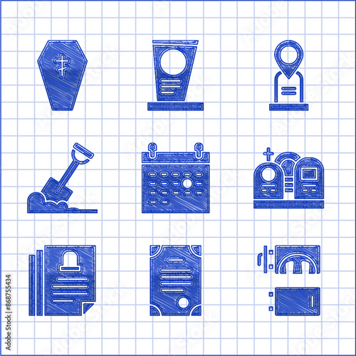 Set Calendar death, Death certificate, Crematorium, Grave with tombstone, Shovel in the ground, Location grave and Coffin cross icon. Vector