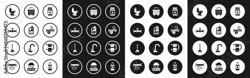 Set Laundry detergent, Drain cleaner bottle, Industry pipe and valve, Toilet bowl, metallic, Toolbox, Heated towel rail and Rubber plunger icon. Vector