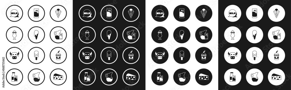 Set Ice cream in waffle cone, Milkshake, Lettering milk, jug or pitcher and glass, Glass with, and Cow head icon. Vector Set Ice cream in waffle cone, Milkshake, Lettering milk, jug or pitcher and glass, Glass with, and Cow head icon. Vector