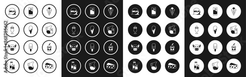Set Ice cream in waffle cone, Milkshake, Lettering milk, jug or pitcher and glass, Glass with, and Cow head icon. Vector