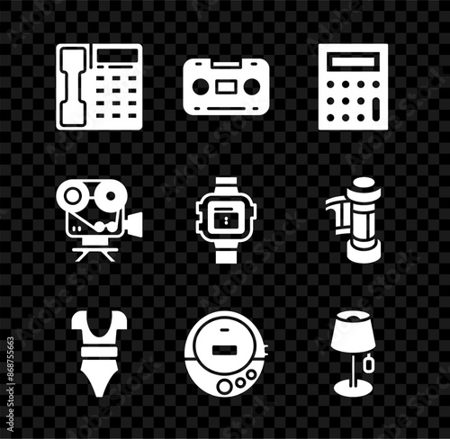 Set Telephone handset, Retro audio cassette tape, Calculator, Swimsuit, Music CD player, Floor lamp, cinema camera and Wrist watch icon. Vector