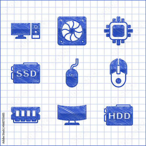 Set Computer mouse, monitor screen, Hard disk drive HDD, RAM, random access memory, SSD card, Processor with CPU and icon. Vector