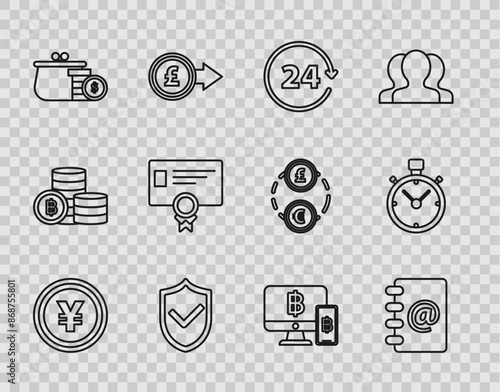 Set line Coin money with Yen symbol, Address book, Clock 24 hours, Shield check mark, Wallet coins, Certificate template, Computer monitor mobile phone and bitcoin and Stopwatch icon. Vector