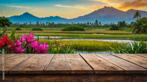 rustic wooden table and, in the background, a tropical wetland blurred with flowers, plants, mountains, and farms, perfect for highlighting products.