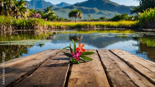 rustic wooden table and, in the background, a tropical wetland blurred with flowers, plants, mountains, and farms, perfect for highlighting products.