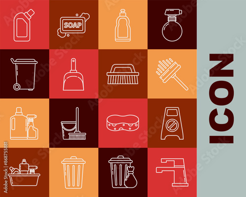 Set line Water tap, Wet floor and cleaning in progress, Squeegee, scraper, wiper, Plastic bottles for liquid dishwashing liquid, Dustpan, Trash can, and Brush icon. Vector