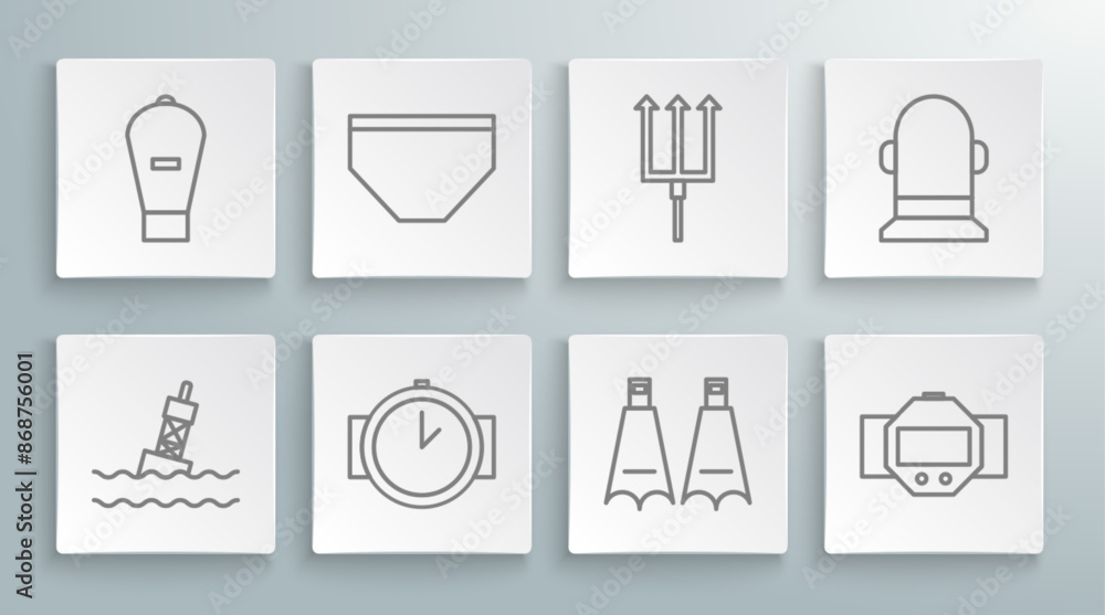 Set line Floating buoy on the sea, Swimming trunks, Diving watch, Rubber flippers for swimming, Neptune Trident, Buoy and Lift bag icon. Vector Set line Floating buoy on the sea, Swimming trunks, Diving watch, Rubber flippers for swimming, Neptune Trident, Buoy and Lift bag icon. Vector