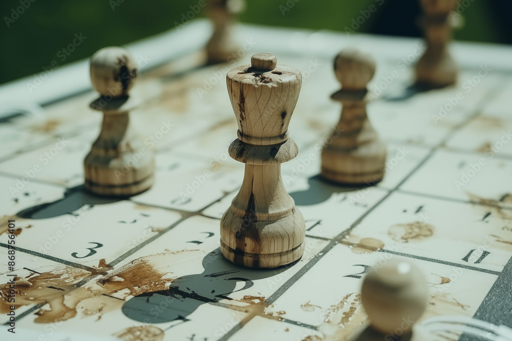 Wooden chess pieces on stained board, focusing on queen as strategic centerpiece. Concept of strategy, leadership, and decision-making in competitive environments. Wooden chess pieces on stained board, focusing on queen as strategic centerpiece. Concept of strategy, leadership, and decision-making in competitive environments.