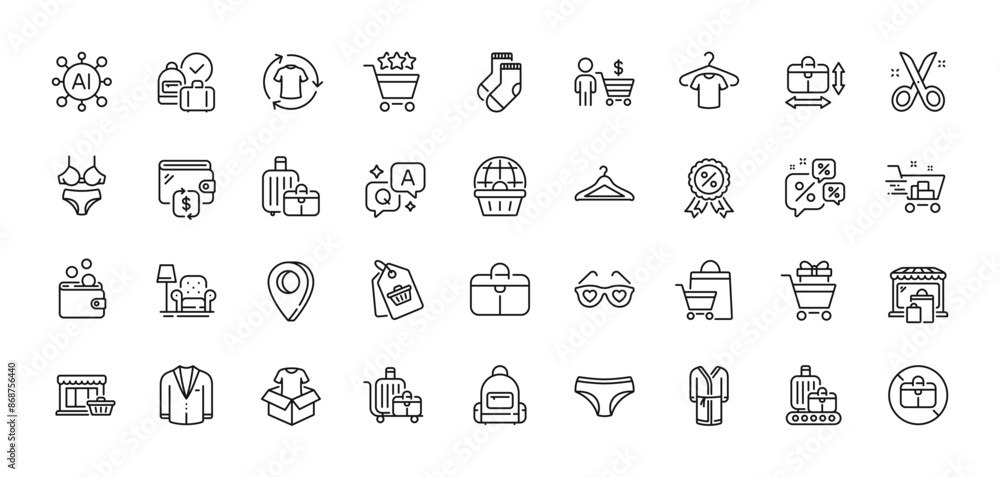 Baggage, T-shirt and Shopping cart line icons pack. AI, Question and Answer, Map pin icons. Online shopping, Lingerie, Wallet web icon. Marketplace, Clothing, Wallet money pictogram. Vector Baggage, T-shirt and Shopping cart line icons pack. AI, Question and Answer, Map pin icons. Online shopping, Lingerie, Wallet web icon. Marketplace, Clothing, Wallet money pictogram. Vector