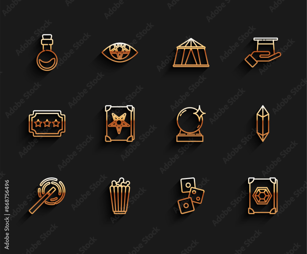 Set line Magic wand, Popcorn in box, Bottle with love potion, Game dice, Ancient magic book, stone and ball icon. Vector Set line Magic wand, Popcorn in box, Bottle with love potion, Game dice, Ancient magic book, stone and ball icon. Vector