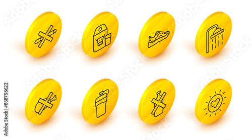 Set line Sun, No alcohol, Fitness shaker, meat, Shower head, Sport sneakers, Paper package for milk and Smoking icon. Vector