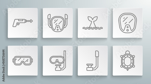 Set line Diving mask, and snorkel, Snorkel, Turtle, Whale tail ocean wave, and Fishing harpoon icon. Vector