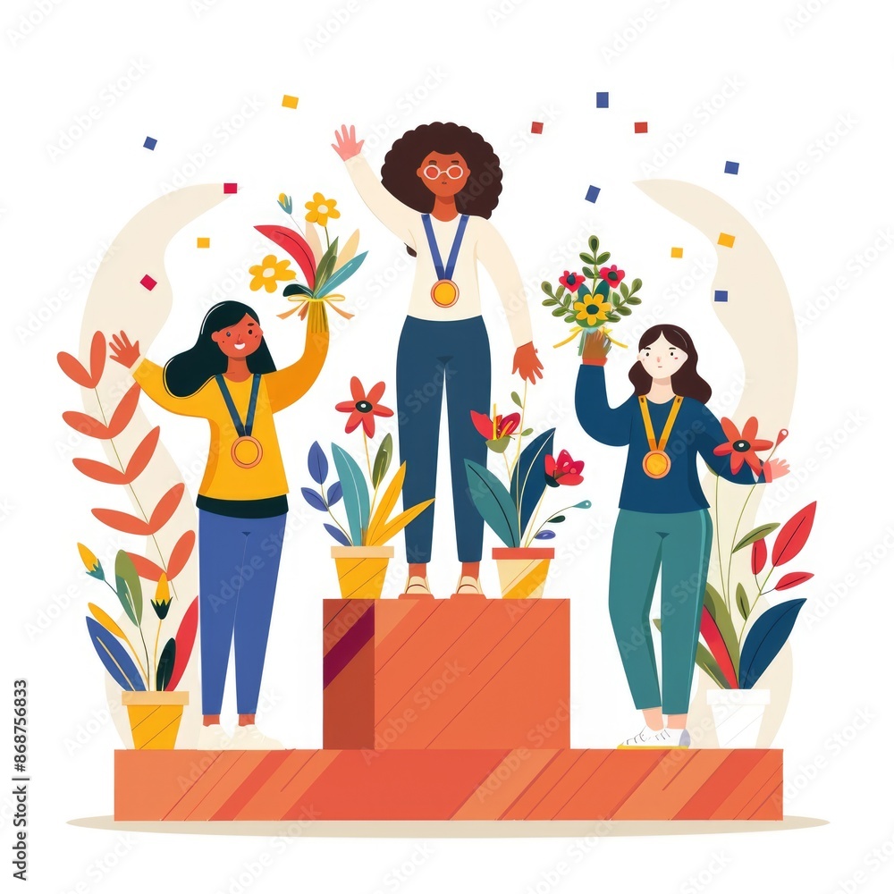 Three female winners stand on a podium, with the central champion holding a gold medal and wreath, flanked by two women with bouquets of flowers. The concept of sports competitions. Three female winners stand on a podium, with the central champion holding a gold medal and wreath, flanked by two women with bouquets of flowers. The concept of sports competitions.