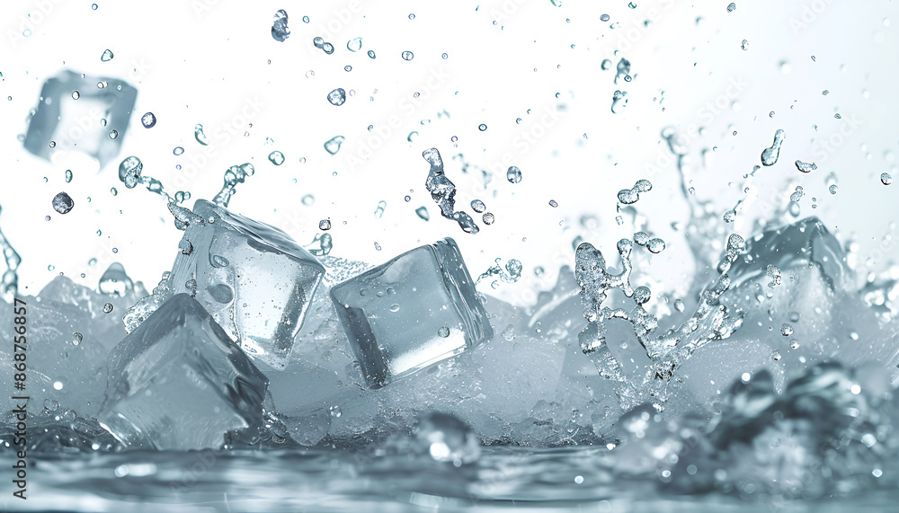 Ice cubes falling into water on white background Ice cubes falling into water on white background