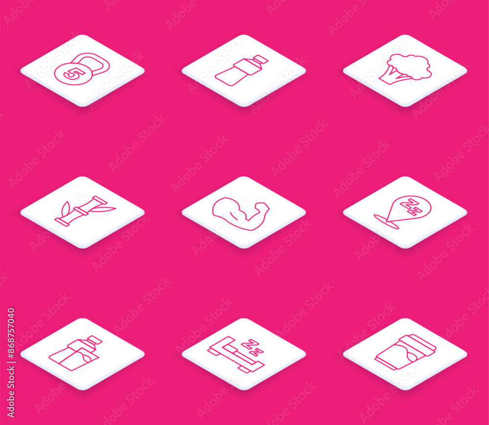 Set line Weight, Bottle of water, Broccoli, Bamboo, Bodybuilder muscle, Sleepy, with glass and Time to sleep icon. Vector Set line Weight, Bottle of water, Broccoli, Bamboo, Bodybuilder muscle, Sleepy, with glass and Time to sleep icon. Vector