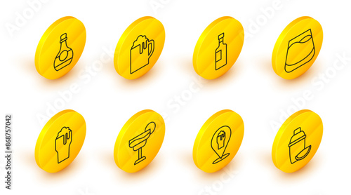 Set line Cocktail shaker with lime, Alcohol or beer bar location, Glass of, whiskey, Wine bottle, Wooden mug and Bottle cognac brandy icon. Vector