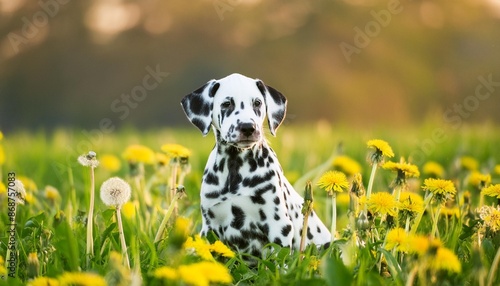 dalmatian puppy in a dandelion meadow