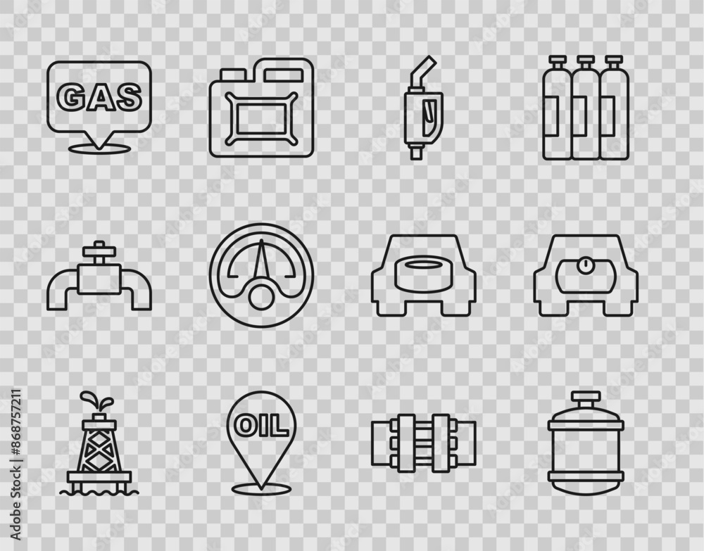 Set line Oil rig, Propane gas tank, Gasoline pump nozzle, Refill petrol fuel location, Location and station, Motor gauge, Metallic pipes valve and for vehicle icon. Vector Set line Oil rig, Propane gas tank, Gasoline pump nozzle, Refill petrol fuel location, Location and station, Motor gauge, Metallic pipes valve and for vehicle icon. Vector