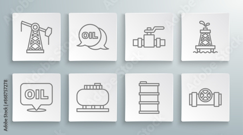 Set line Word oil, Oil tank storage, Barrel, Metallic pipes and valve, rig and pump pump jack icon. Vector