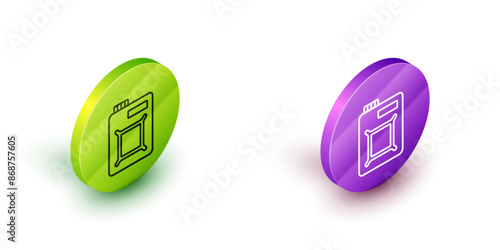 Isometric line Canister for motor machine oil icon isolated on white background. Oil gallon. Oil change service and repair. Engine oil sign. Green and purple circle buttons. Vector