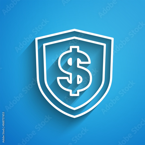 Free Download White line Shield with dollar symbol icon isolated on blue background. Security shield protection. Money security concept. Long shadow. Vector - GFXLoad