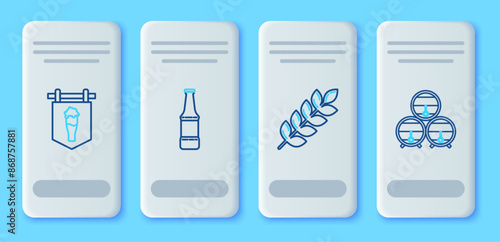 Set line Beer bottle, Cereals set with rice, wheat, corn, oats, rye, barley, Street signboard glass of beer and Wooden barrel on rack stopcock icon. Vector