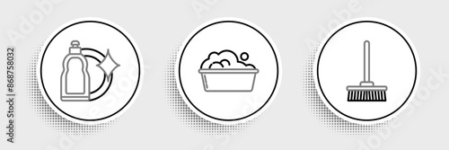 Set line Mop, Plastic bottles for liquid dishwashing liquid and basin with soap suds icon. Vector