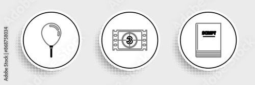 Set line Scenario, Balloon with ribbon and Play Video icon. Vector