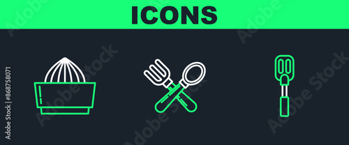 Set line Spatula, Citrus fruit juicer and Crossed fork and spoon icon. Vector
