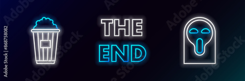 Set line Funny and scary ghost mask, Popcorn in cardboard box and The End handwritten inscription icon. Glowing neon. Vector
