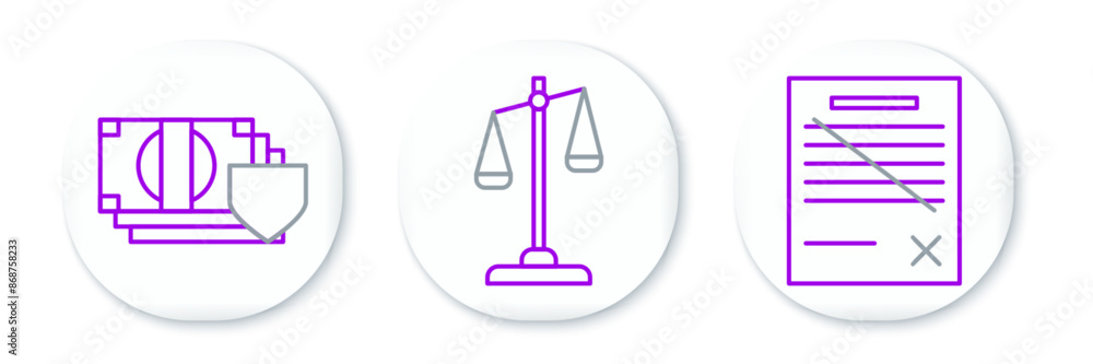 Set line Delete file document, Money with shield and Scales of justice icon. Vector Set line Delete file document, Money with shield and Scales of justice icon. Vector
