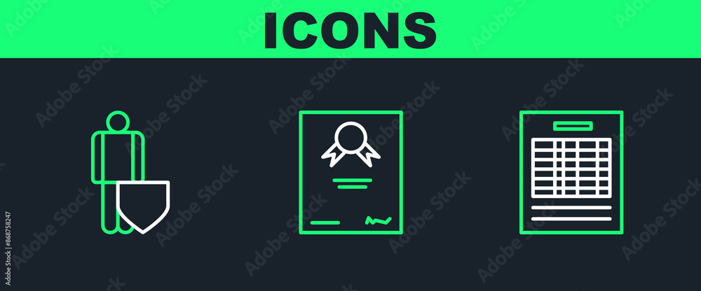 Set line Report file document, Life insurance with shield and Certificate template icon. Vector
