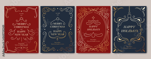 Merry Christmas card. New Year invitation design. Geometric line art style. Elegant holiday greeting card with Christmas decor, garland, gift, tree. Classical ornament, flourish. Elegant chic design.