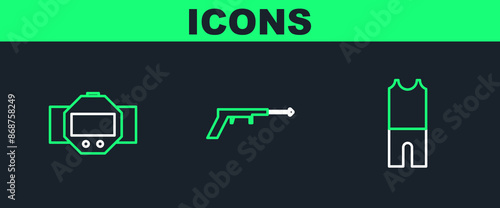 Set line Wetsuit for scuba diving, Diving watch and Fishing harpoon icon. Vector