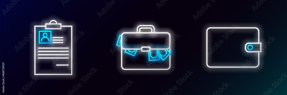 Set line Wallet, Clipboard with resume and Briefcase and money icon. Glowing neon. Vector Set line Wallet, Clipboard with resume and Briefcase and money icon. Glowing neon. Vector