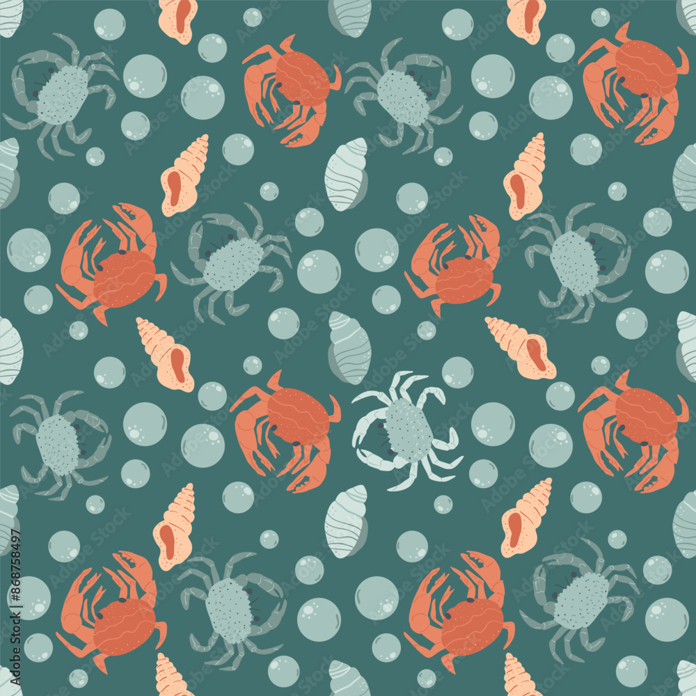 Seamless pattern with Crustaceans. Crabs with shells and bubbles repeat cover backdrop. Underwater sea life dark endless background. Vector hand drawn flat illustration. Seamless pattern with Crustaceans. Crabs with shells and bubbles repeat cover backdrop. Underwater sea life dark endless background. Vector hand drawn flat illustration.