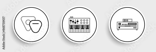 Set line Music CD player, Guitar pick and synthesizer icon. Vector