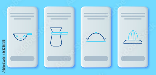 Set line Coffee turk, Covered with a tray food, Kitchen colander and Citrus fruit juicer icon. Vector
