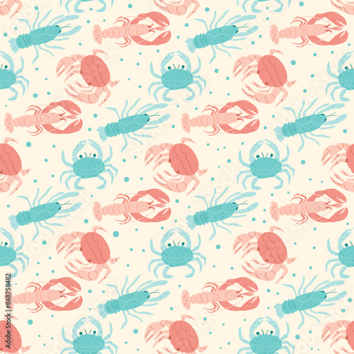 Crustaceans seamless pattern. Underwater world endless background. Lobster, crabs and crayfish. Vector hand drawn flat illustration.