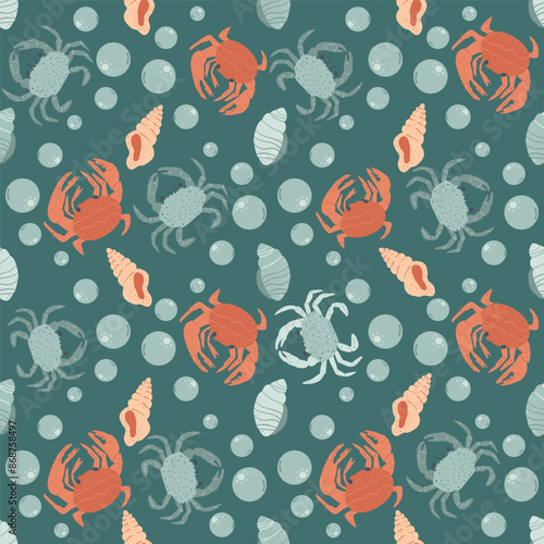 Seamless pattern with Crustaceans. Crabs with shells and bubbles repeat cover backdrop. Underwater sea life dark endless background. Vector hand drawn flat illustration.