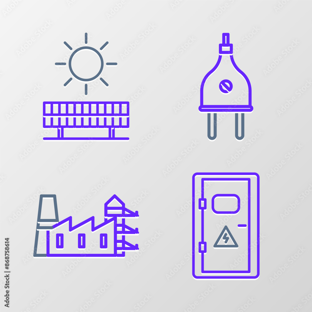 Set line Electrical cabinet, Power station plant and factory, plug and Solar energy panel sun icon. Vector Set line Electrical cabinet, Power station plant and factory, plug and Solar energy panel sun icon. Vector