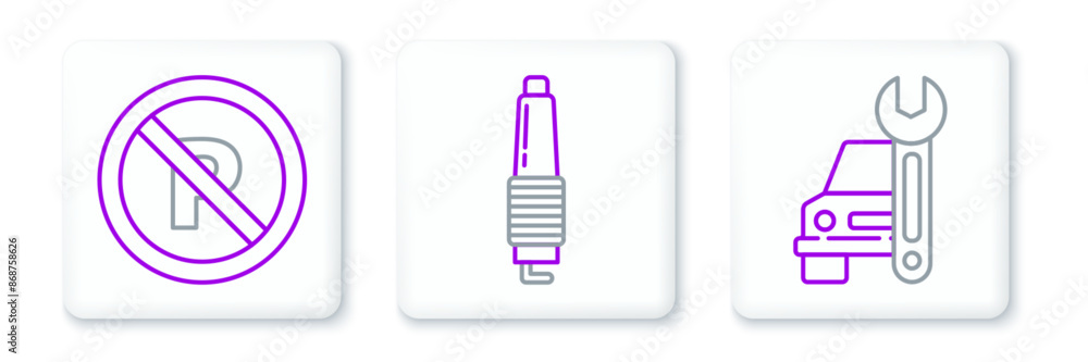 Set line Car service, No Parking or stopping and spark plug icon. Vector Set line Car service, No Parking or stopping and spark plug icon. Vector
