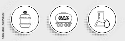 Set line Oil petrol test tube, Propane gas tank and Gas railway cistern icon. Vector