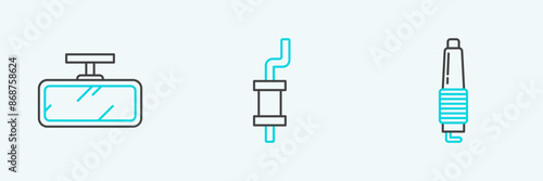 Set line Car spark plug, mirror and muffler icon. Vector