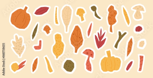 Set of cut out paper autumn stickers featuring leaves, pumpkins, mushrooms, and twigs in warm fall colors. Vector hand drawn flat illustration.