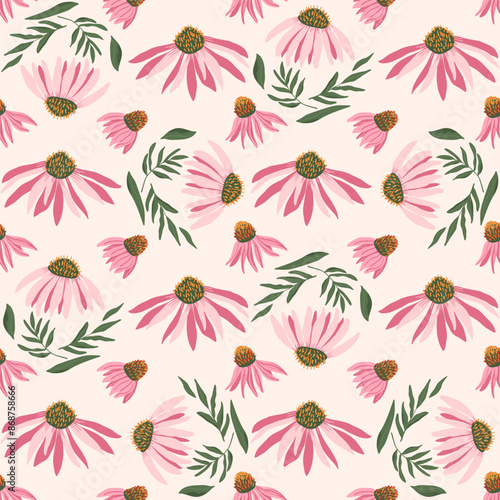 Coneflowers seamless pattern. Purple echinacea continuous backdrop. Floral endless background. Happy summer rustic mood. Stylized botanical repeat cover. Vector flat hand drawn illustration.