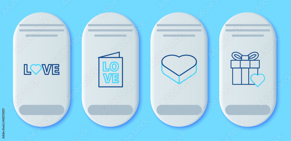 Set line Valentines day party flyer, Candy heart shaped box, Love text and Gift icon. Vector Set line Valentines day party flyer, Candy heart shaped box, Love text and Gift icon. Vector