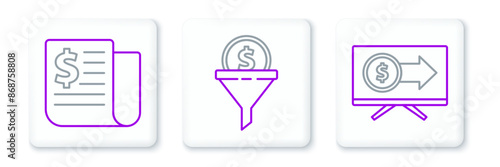 Set line Monitor with dollar, Financial news and Lead management icon. Vector